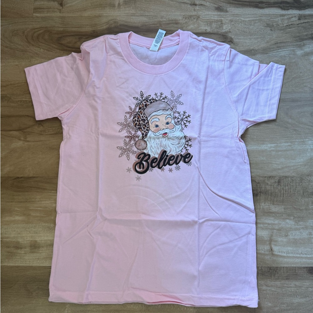 Pink Shirt Christmas Merry And Bright Girls Youth L (10-12) Cheetah Print